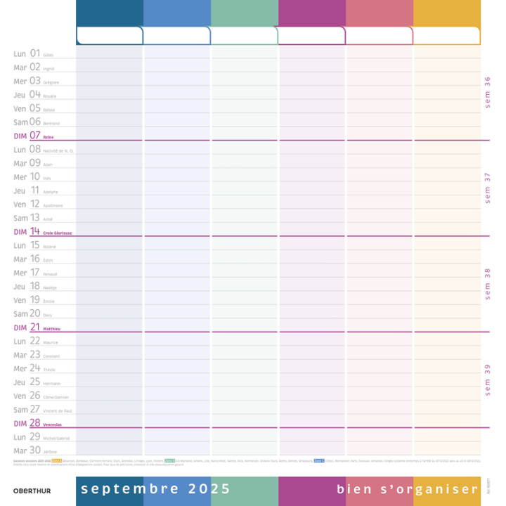 Calendrier Familial 2026-2027 Oberthur - Organisation de la famille