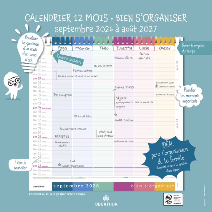 Calendrier Familial 2026-2027 Oberthur - Organisation de la famille